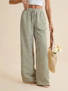 1 Piece Elastic Waist Loose Fit Striped Wide Leg Trousers, Green White Striped Beach Vacation Style Pants