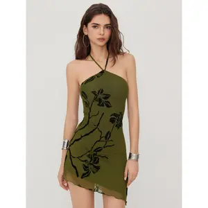 Cider Mesh Halter Neckline Floral Graphic Knotted Asymmetrical Hem Mini Dress SwimWeek