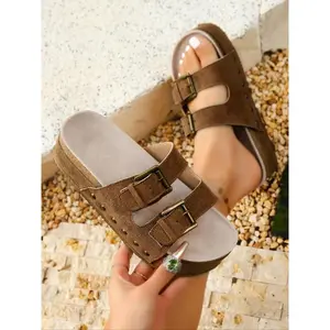 Women's Fashionable Plain Color Platform Sandals, Casual Comfortable Double Buckle Design Sandals for Summer, Lightweight Breathable Shoes for Daily Wear, Girl