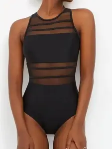 Women's Sexy Solid Color Patchwork Mesh One-Piece Bikini Swimsuit, Stylish Swimwear for Beach & Pool, Comfortable and Trendy Design
