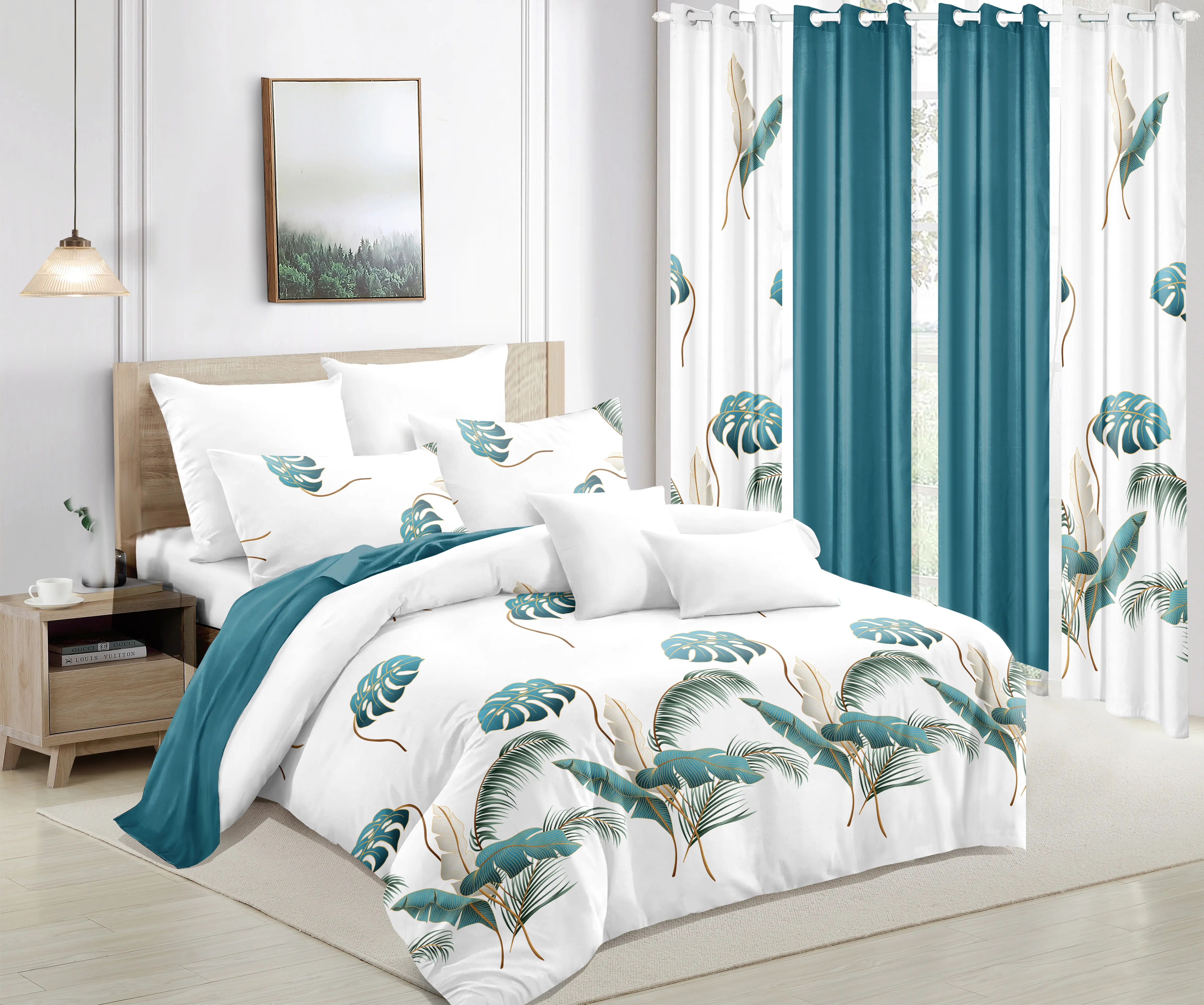 Tropical Monstera 9-Piece Room-in-a-Bag Bedspread Set, Complete Quilt Bedding Kit:1 Bedspread,2 Pillowcases,6 Light Filtering Curtains. Soft Microfiber, Wrinkle & Fade Resistant, Machine Washable |NOTE: NOT Thick Comforter, Curtains Are Not Blackout