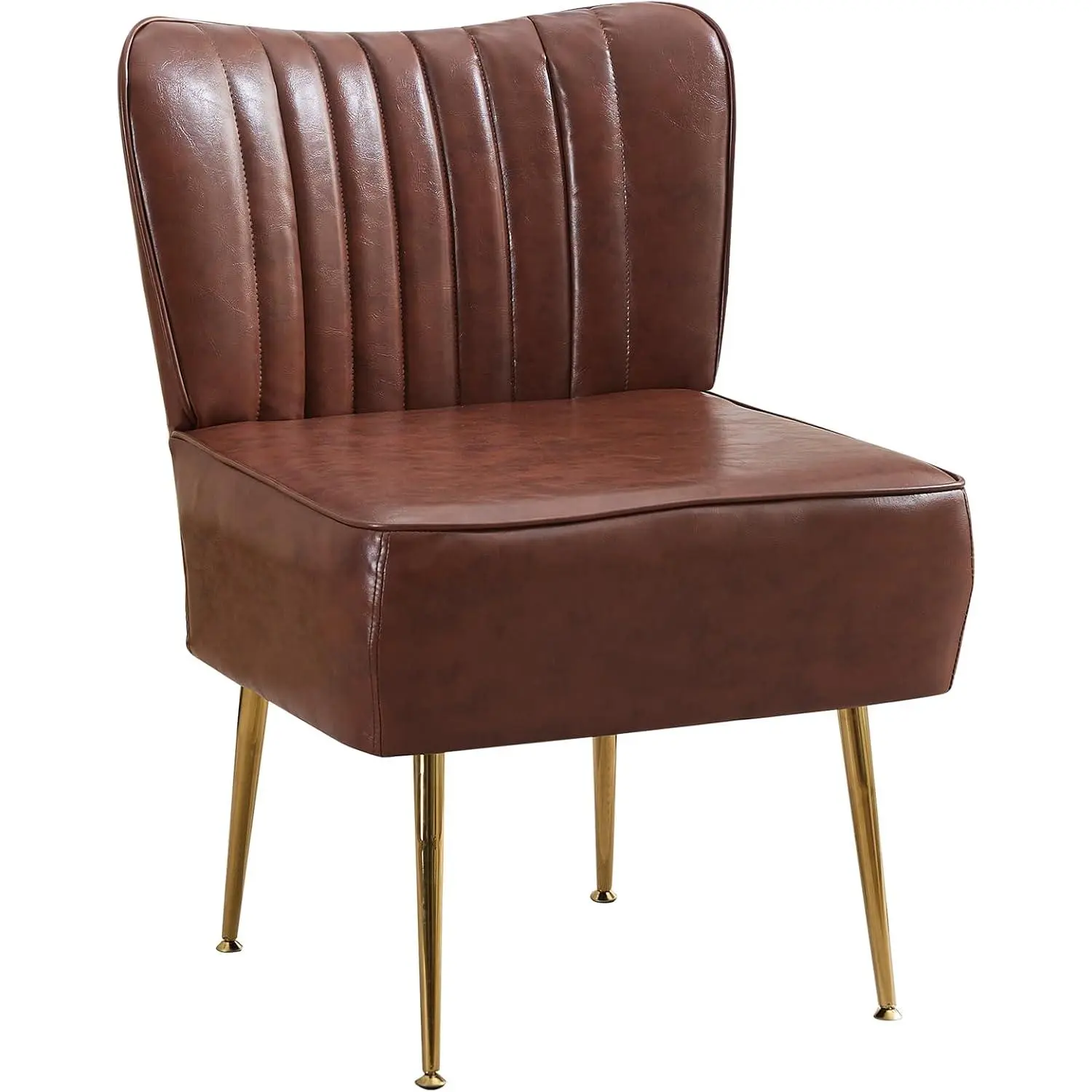 Modern PU Leather Accent Chair, Upholstered Armless Wingback Side Chair with Golden Legs, Comfy Single Sofa Cute Slipper Corner Chair for Living Room Bedroom Entryway, Brown(Set of 1)