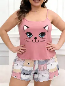 Women's Cute Cat Print Tank Top & Shorts Pajama Set, Casual Loose Fit Sleepwear, All Seasons Fitted Pyjamas, Fun Animal Pattern