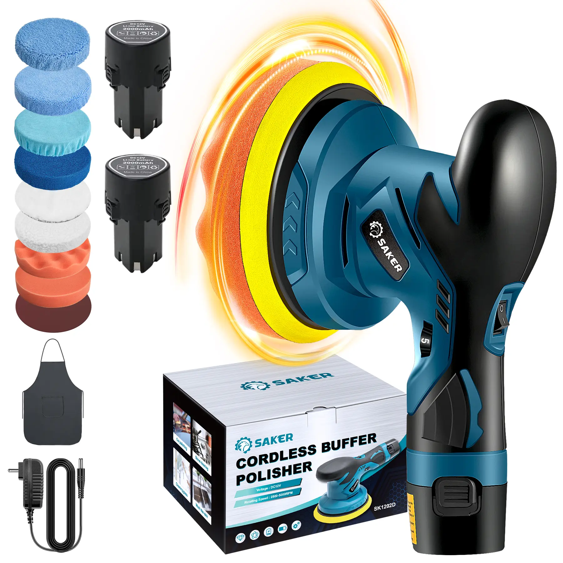 Saker Cordless Automotive Buffering Polisher - 6-inch portable polishing waxing machine kit for automotive details
