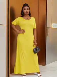 Plus Size Solid Color Round Neck Short Sleeve Maxi Dress, Pocket Loose Casual Flowy Long Dress, Multiple Colors Available, Womenswear