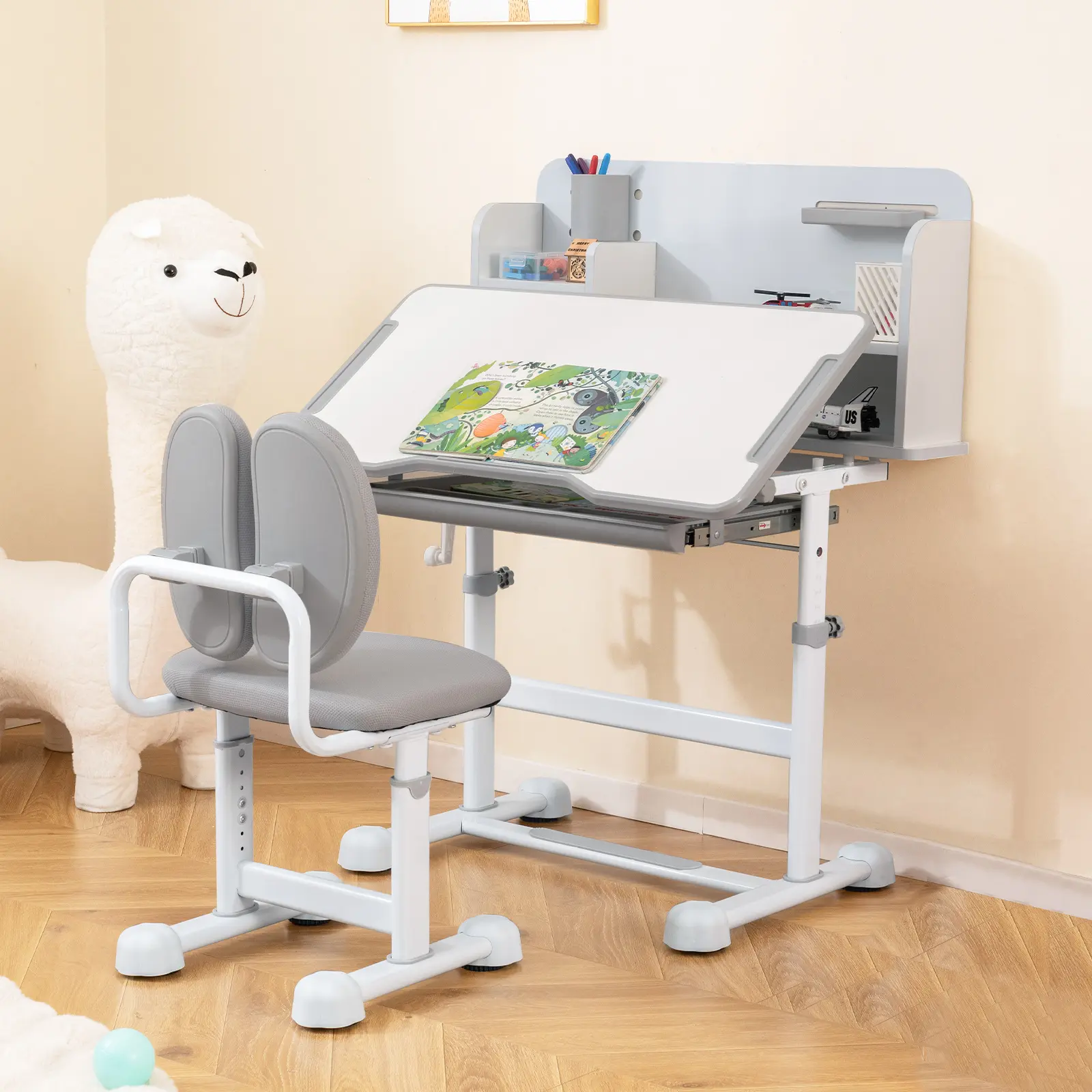 COSTWAY - Kid's Study Desk and with Tilt Desktop and Pen Holder-Gray