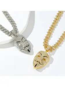 Halloween Hip Hop Full Diamond V for Vendetta Guy Fawkes Mask Alloy Pendant Men's Cuban Necklace