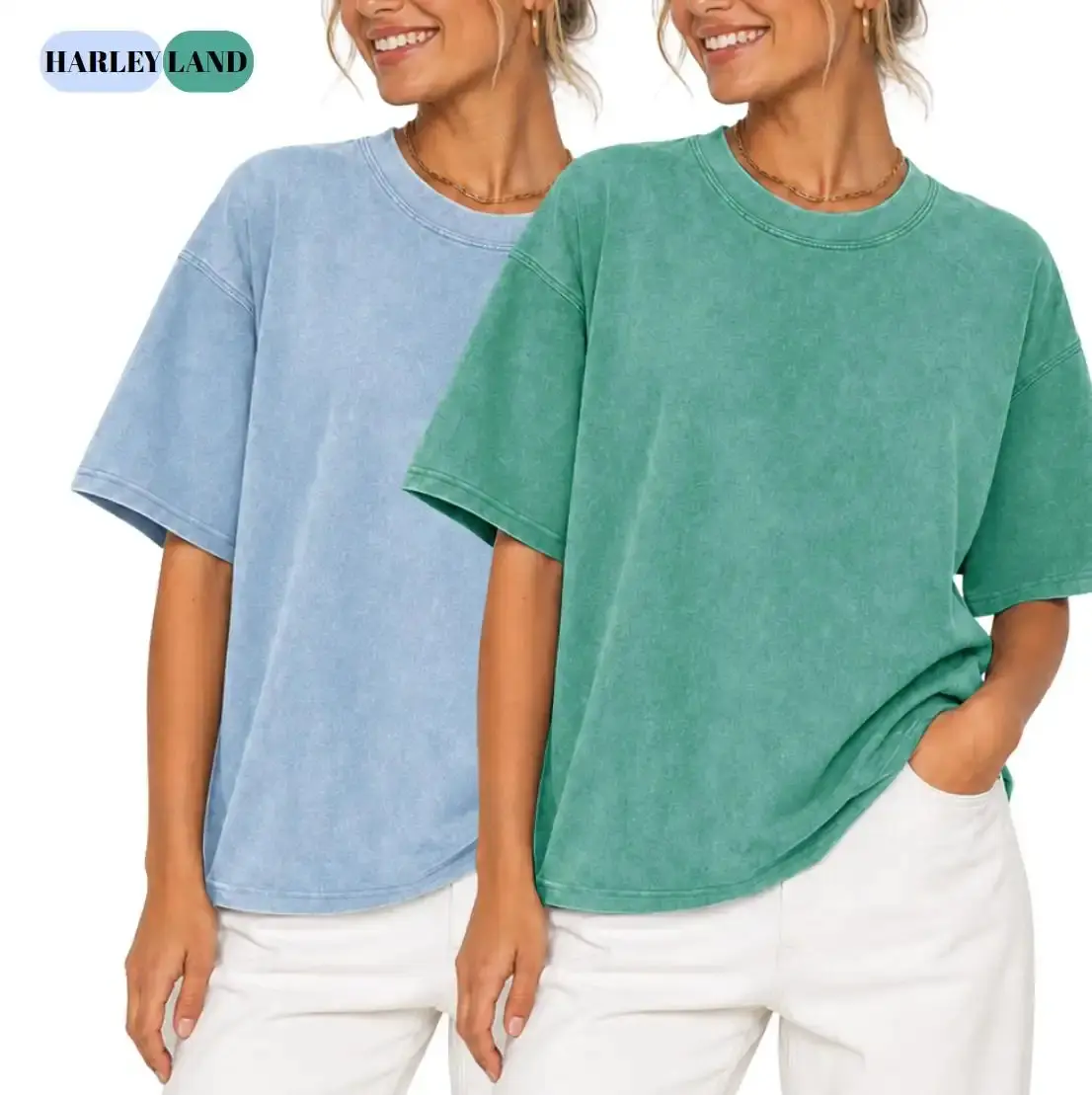 Harleyland Women's 2-Pack Oversized Acid Washed Cotton T-Shirts - Vintage Casual Baggy Basic Streetwear, Short Sleeve Workout Tops That Fits Complementary Garments (Jeans, Jacket), Hip, Solid, Shortsleeve, Fabric, Fashion, Graphic, Pants