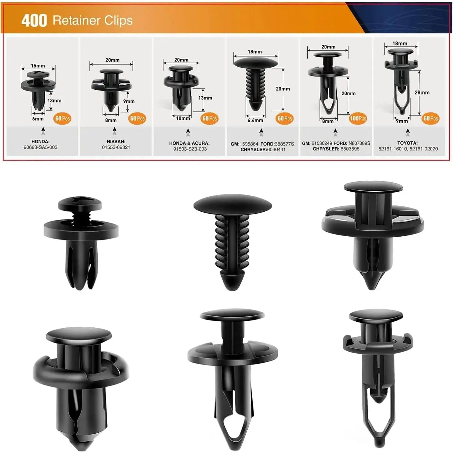 Nilight 400-Pcs Universal Plastic Push-In Rivet Fender Fastener Kit - 6 Popular Sizes, 60 Pcs 10mm Pieces, Easy to Fasten Bumper Fender Flare, Fits ATVs with 8mm Body Holes, Car Accessories for GM, Ford, Father's Day Gift Option