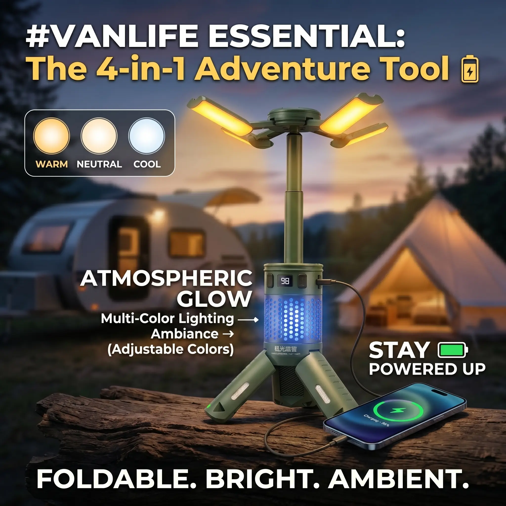 Portable Telescopic Camping Side Lamp with Aluminum Tripod Stand, 12000mAh Rechargeable Emergency Worklight Power Bank, RGB Mood Lighting, Magnetic Base, IPX5 Weatherproof, Powerful Flashlight, Batteries for Birthday Father’s Day Anniversary, Side Camping