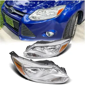 Pair Headlights Assembly Compatible with 2012-2014 Ford Focus Head Lamps, Bulbs Include, Left+Right Chrome Housing Trim, Halogen Type