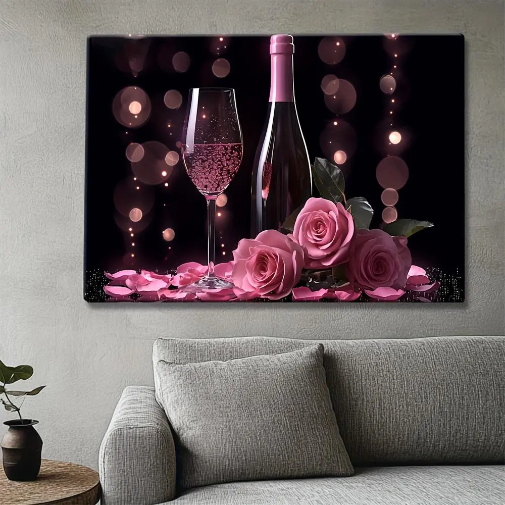 1-Piece Pink 2D Roses & Wine Bottle Poster with Black Background, Home Decor Wall Art for Kitchen, Living Room Indoor Display, Wall decor