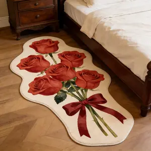 Modern Rose Floral Print Rug, Luxury Fashion Bedroom Runner, Soft Comfortable Area Rug, Multi-Use Hallway Living Room Mat, Washable Easy Clean