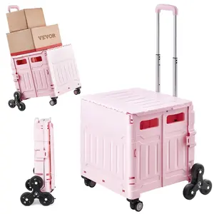VEVOR PP-TPU-Iron Foldable Utility Cart, 65L Collapsible Portable Crate Rolling Unit with Stair Climbing Wheels, 360° Swivel Wheels, Telescopic Grip & Installation Guide for Shopping, Moving, Pink