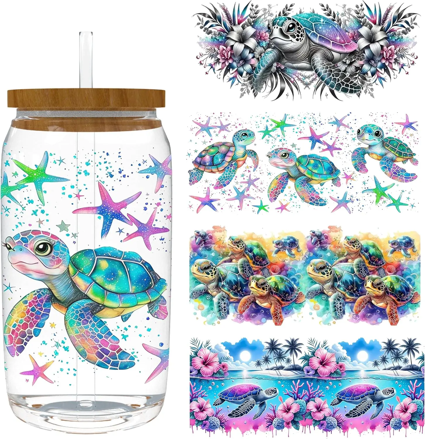 4 Sheets 16oz UV DTF Cup Wrap - Removable - DIY UV DTF Transfer Papers for Mug Cups,Notebook - Easy-Peel UV DTF Transfers for Smooth Surfaces (sea Turtle)