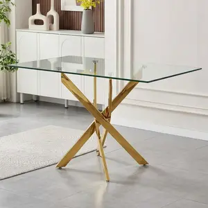 59.06"Rectangle Glass Dining Table for 4, Modern Rectangular Glass Table,Luxury Kitchen Table with Tempered Glass Top and Gold Metal Legs, Modern Glass Dinner Table for Kitchen Dining Room Small Apartment summergarden