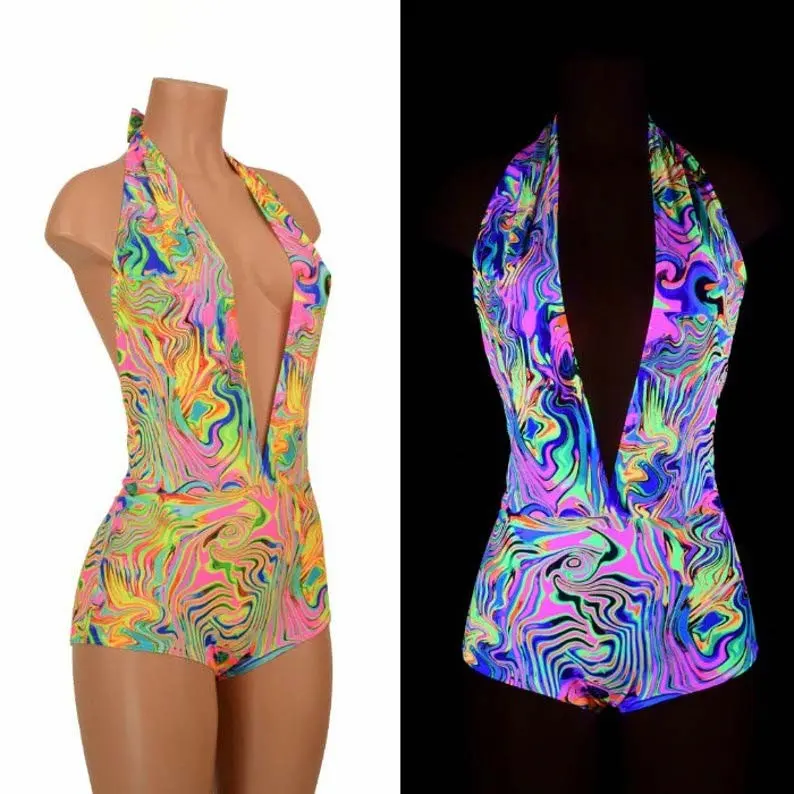 Neon Flux UV Glow Josie Romper - Deep V neckline