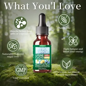 Thyroid Support Liquid Drops with Iodine 500mcg and CoQ10 500mg, Mixed Fruits Flavor