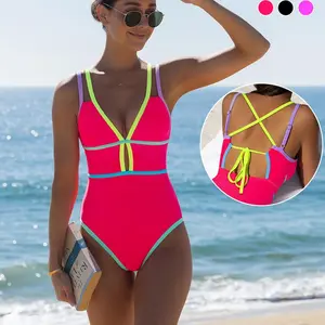 Popvil Color Block Bandage Design Vacation One Pieces,Tummy Control Neon Swimsuit for Women, Neon Bathingsuits