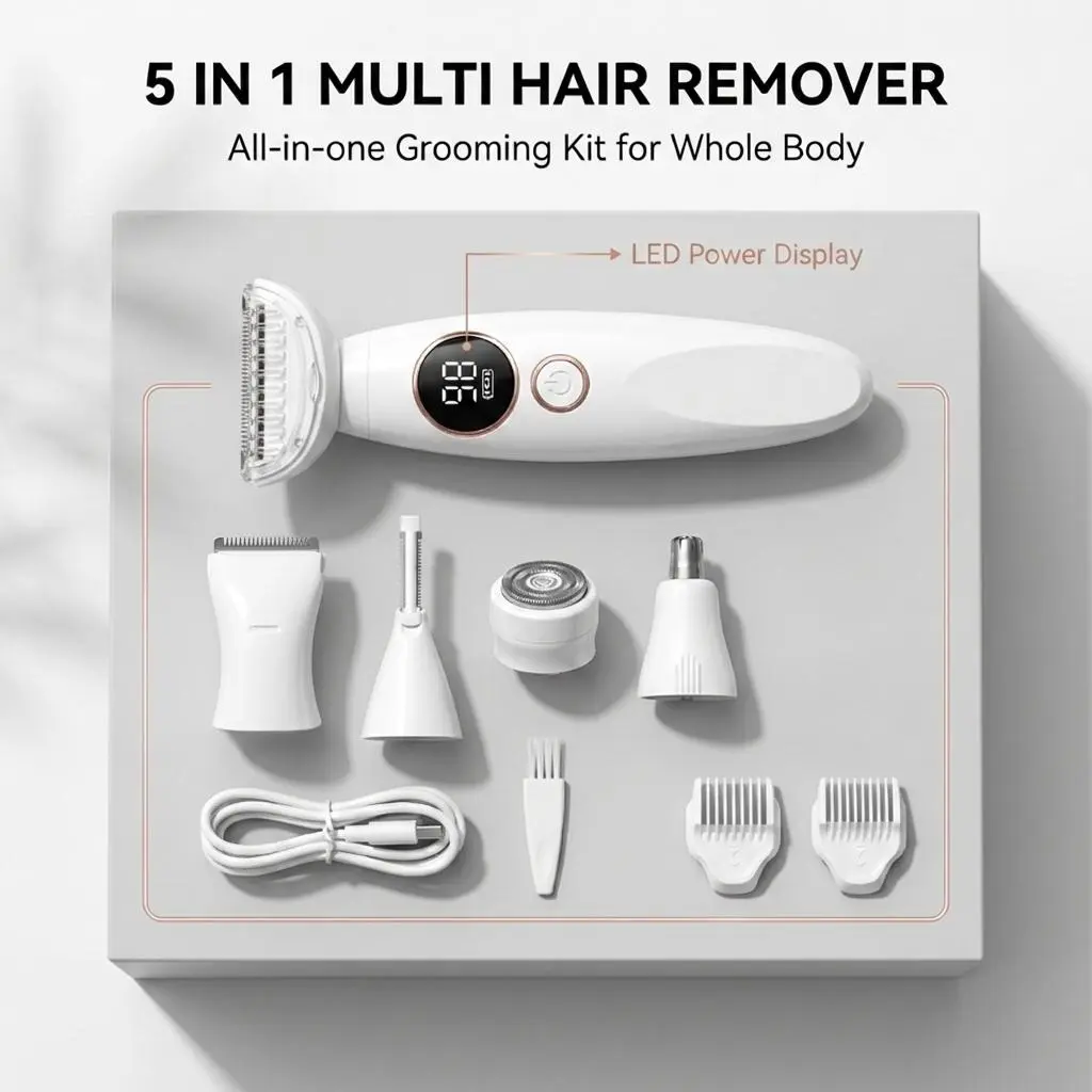 5-in-1 Multi-Use Electric Hair Removal & Grooming Kit - Waterproof Trimmer, IPX7 Rating, 600mAh Rechargeable Battery, Charging Dock, 6 Replaceable Attachments, Portable USB Charge for Body, Face, Eyebrows