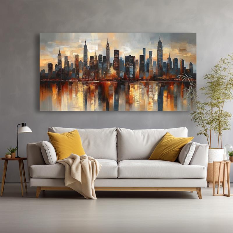 Modern city skyline Canvas wall art - Vibrant abstract Painting with warm sunset tones, 1.2-inch frame, high-quality printing suitable for living room, bedroom or office decoration, wall art decoration Wrapped in canvas