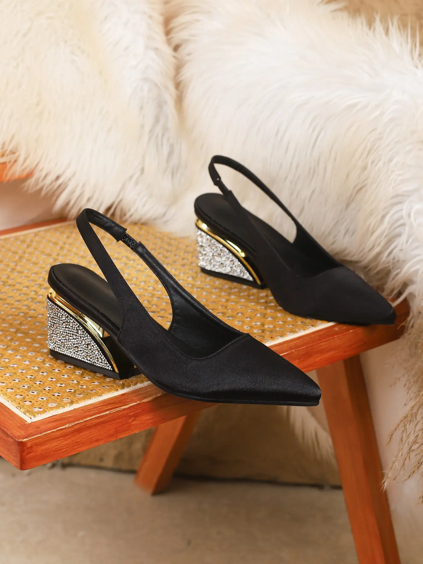 Women's Rhinestone Decor High Heel Pointed Toe Shoes, Elegant Solid Color Evening Party Shoes, Fashionable Heeled Sandals, All Season Textile PU Sole, Glitter Decorated Sandals