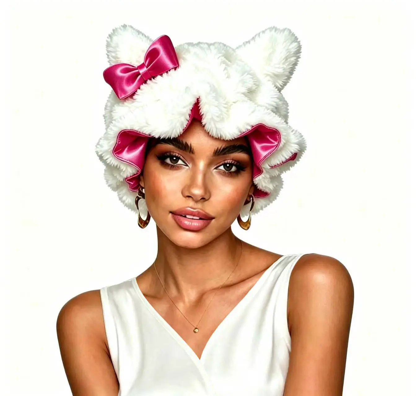 Luxury Double-Layer Teddy Satin Bonnet-kitty bonnet with Satin Bow - Soft Plush Cap with Silky Satin Interior for Hair Protection, Lightweight Cute Headwear for Women & Girls, Perfect for Home Lounging, Sleep & Party Wear, Anti-Frizz Night Cap for Curly
