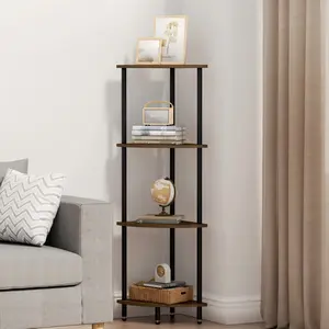 Rustic Brown & Black Corner Shelf, Multifunctional Bookcase for Small Spaces, 90° Right Angle Design, 11" Tier Height, Sturdy Metal Frame, Ideal for Living Room, Bedroom, Kitchen Decor