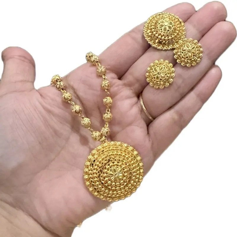 Fashion Jewelry Set - Nepali Gold Plated Ethnic-Inspired Gold-Colored Metallic Stylish Set with 13in Ball Chain Necklace, Matching Earrings, Adjustable Finger Ring, Ethnic-Inspired Jewelry Sets