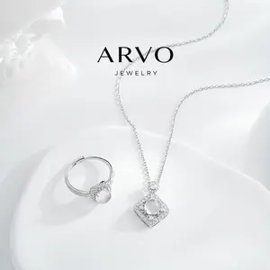 【Mother's Day】ARVO Women’s 2PCS Silver Elegant Moonstone Jewelry Set, Adjustable Moonstone Ring & Geometric Halo Pendant Necklace Set, Cubic Zirconia Bridal Jewelry, Anniversary Gift for Women, Wedding Party Jewelry Set