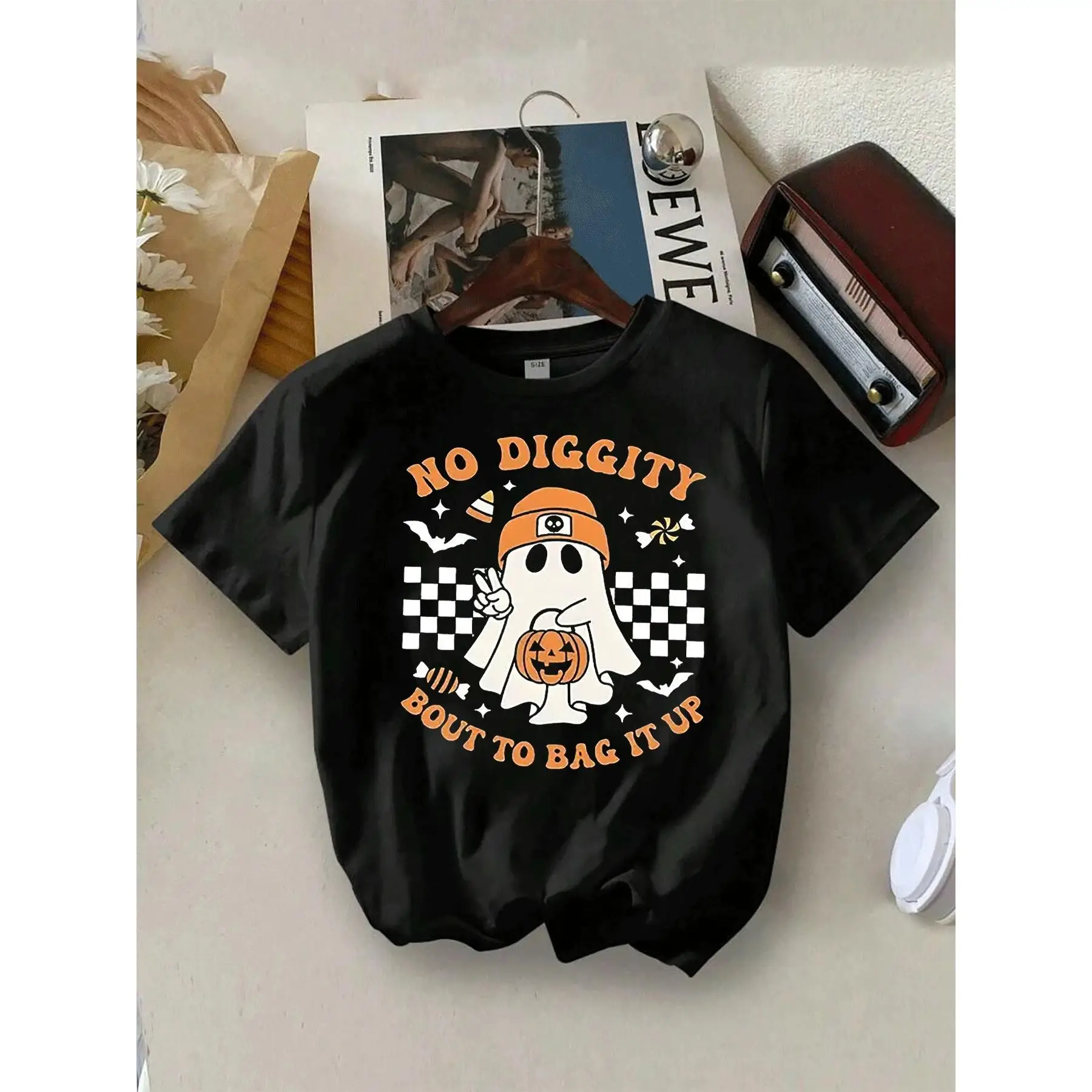 Kids' Halloween Ghost Pumpkin Print Short Sleeve TShirt, Casual Cute Funny Graphic Tee For Boys, No Diggity Bout To Bag It Up Design, Comfy Soft Cotto