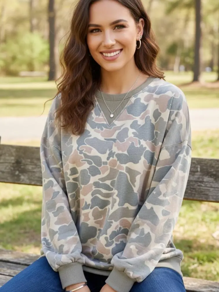 PHEFEE Oversized Camouflage Pullover Sweatshirt Long Sleeve Crewneck Patchwork Casual Tops Lightweight Round Neck