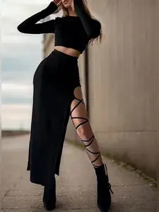 Women Sexy Fitted long Sleeve Crop Top and One Side Split Lace Up Long Skirt 2pcs Set Womenswear