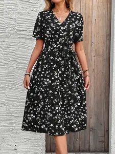 Women's Fashion Elegant Casual V-Neck Short Sleeve Floral Print Midi Dress, Stylish Summer, Comfortable and Chic