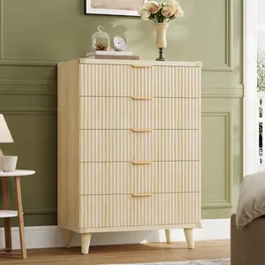 Aowos Dresser for Bedroom with 5 Fluted Drawer Tall Dresser Chest of Drawers Wooden Dressers Storage for Closet Living Room Hallway, natural, Black White,