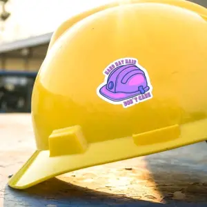 "hard hat hair dont care" hardhat sticker for women in construction tradie ladies