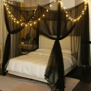 Canopy Bed Curtains with Lights,Elegant Bed Canopy Curtains Bed Netting for Full   Size Bed,Halloween Decoration,Gothic Black Room Decor Aesthetic
