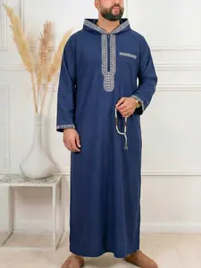Islamic Muslim Traditional Clothing, Ramadan Festival Sacrifice Holiday Wear, Men's Zipper Embroidered Hooded Robe, Thobe, Traditional Arabic Robe, Daily & Special Occasions