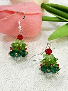 Women's Elegant Beaded Christmas Tree Earrings - Green & Red Holiday Party Jewelry with Hook, Year-Round Everyday Special Occasion Dangle Earrings for Women, Festive Accessories, Sophisticated Style, Crystallike Appearance