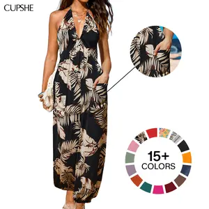 CUPSHE Plunge Halter Wide Leg Jumpsuit with Pockets Sleeveless Overalls– Adjustable Strap Lightweight Tropical Print Resortwear SpringStatements