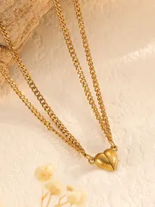 Couple Heart Stainless Steel Necklace, Titanium Steel 18k Gold Plated Magnetic Pendant, Valentine's Day Gift Jewelry