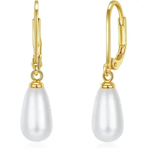 MINDDHA 14K Gold | White Gold Plated Sterling Silver Hoop, AAA+ Quality Simulated Shell Pearl Leverback Dangle Stud Pearl Earrings | Silver Earings, Gold Earrings For Women | Oval and Teardrop Pearl