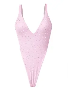 2026 new women’s V-neck rhinestone one-piece swimsuit; fashionable, sexy backless bikini with high slit; summer vacation beach swimwear/onsen wear