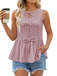 Women's Spring Summer 2026 New Design Fashion Casual Basic Sleeveless Vest, Plain Bowknot Decoration Top, Slim-Fitting Ladies' Blouse