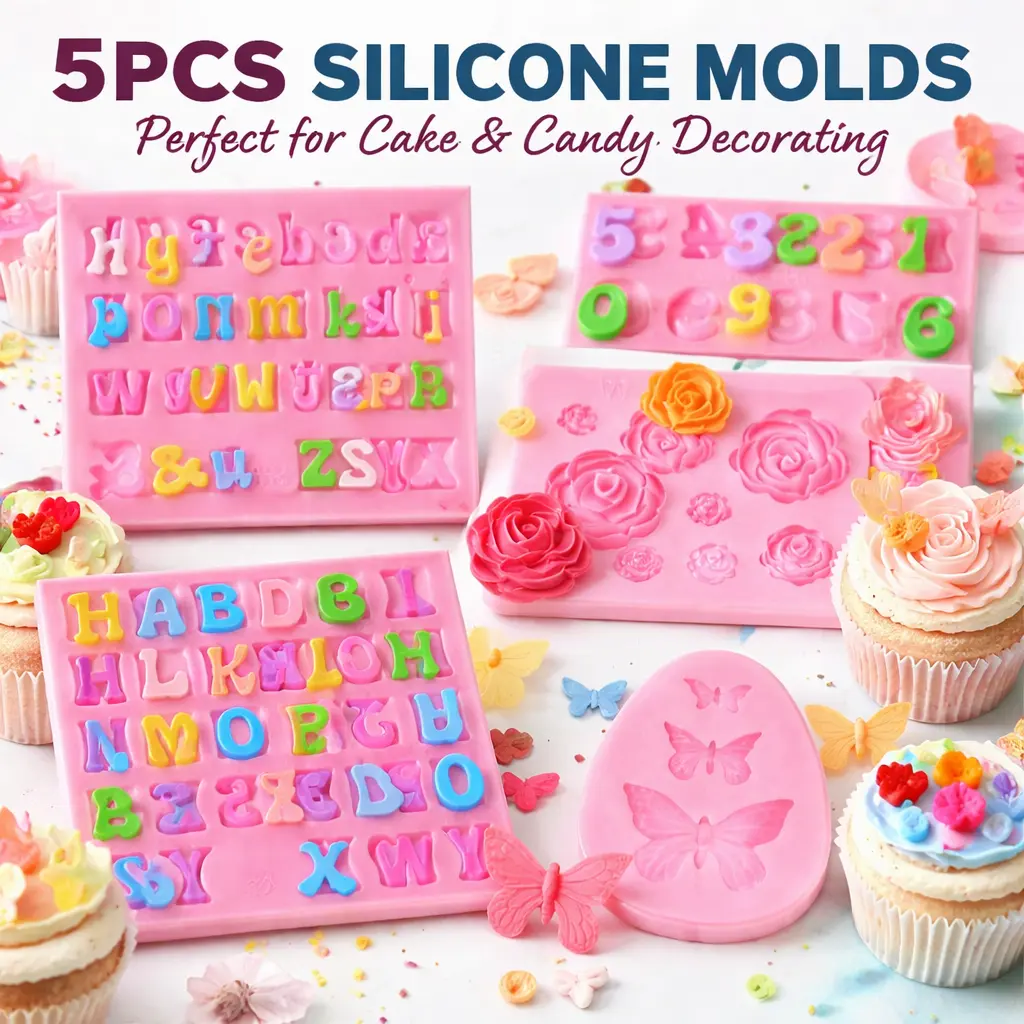 5pcs BPA-Free Silicone Baking Molds Set - Letter Molds, Number, Rose, Flower, Butterflies Shapes, Non-Stick for Candy Decorating, Chocolate, Birthday Cake Toppers & Cupcake Decoration