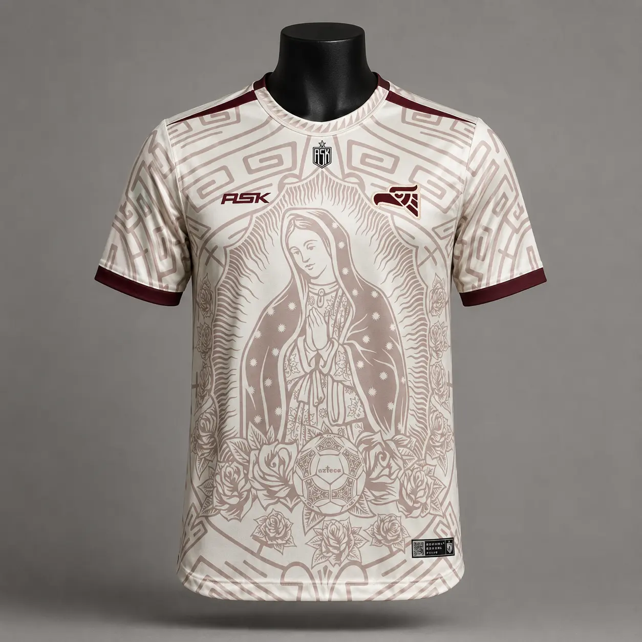 Mexico Religious Art Graphic Soccer Jersey, Cream White Rose Pattern Athletic Shirt