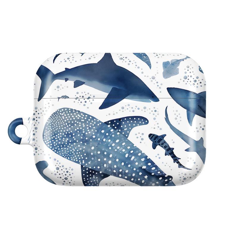 Whale Shark & Ocean Shark AirPods Case – Navy/White Watercolor Sea Life Cover – AirPods Pro/Pro 2, AirPods 1/2/3/4 Case – Nautical Gift for Him & Her