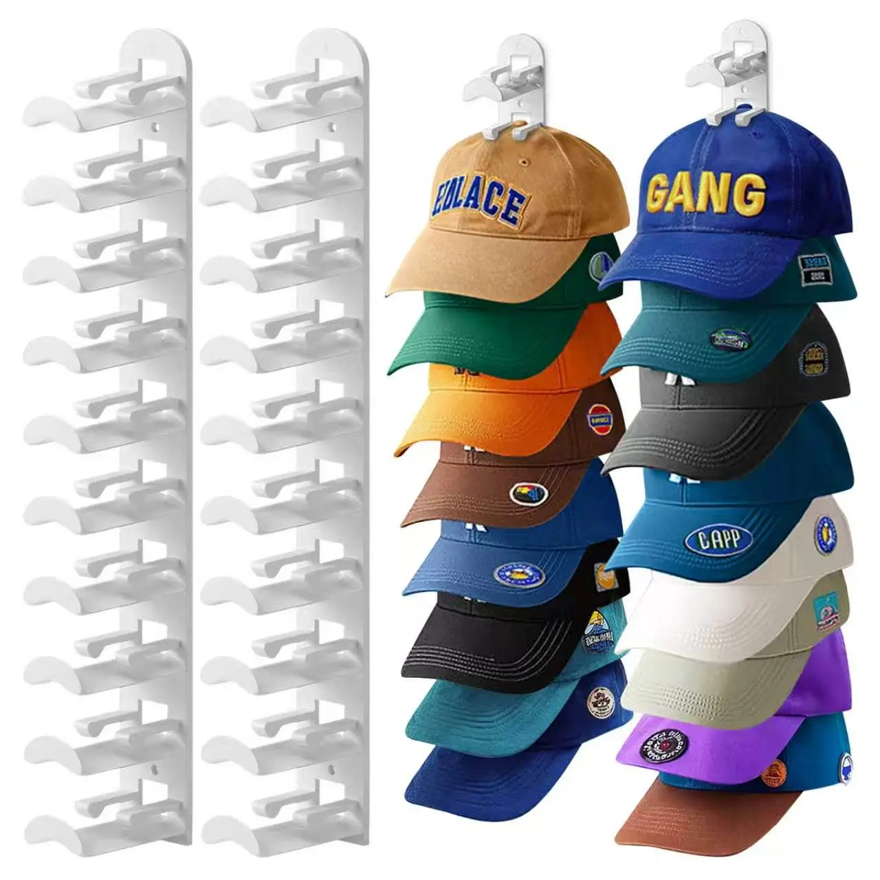 2-Pack Wall-Mounted Hat Organizer, Multi-Level Rack with Strong Adhesive/Nail Installation, Holds 20 Hats, Space-Saving Cap Holder for Closet Doors/Bedrooms, Home Supplies Hook
