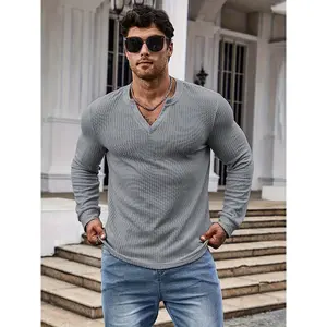 [Long Sleeve Slim-Fit V-Neck Tee] Men's Slim-Fit V-Neck Long Sleeve T-Shirt - Stretchy, Warm Knit for Fall/Winter, Casual Sportswear