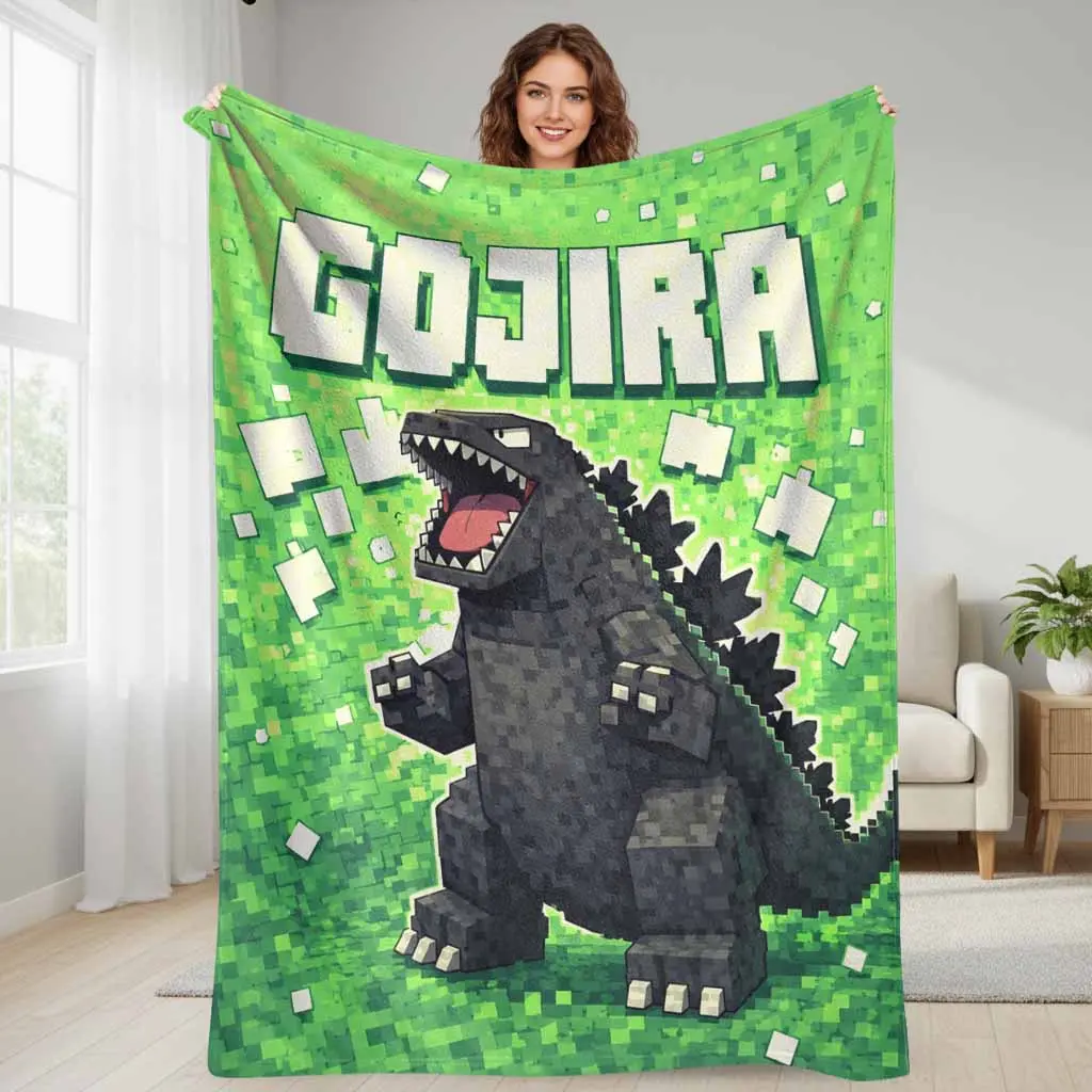 Monster Kaiju Flannel Blanket with Pixel Art Dinosaur Graphic Super Soft Lightweight Cozy Plush Throw for Bed Couch Sofa Living Room Camping Travel Movie Night Birthday Gift Decor